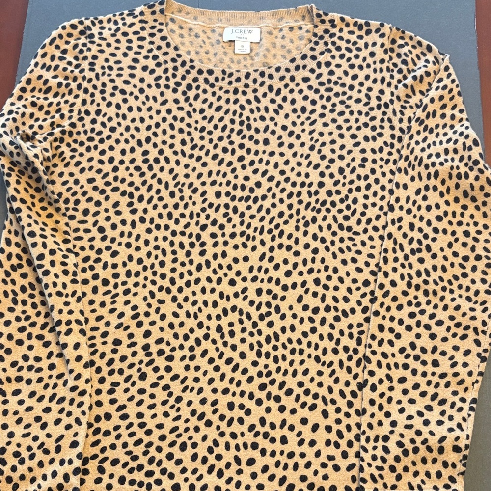 J. Crew Leopard Spot Crewneck Sweater in Tan and Black, size Small